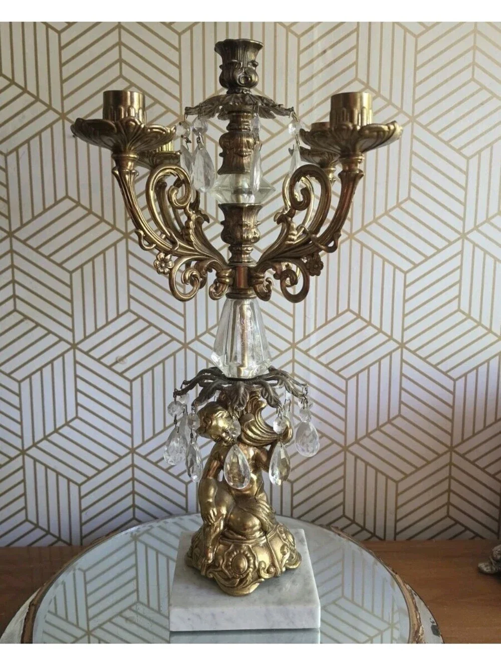 Vintage Rococo Style Gilt Gold Brass & Crystal Cherub Candelabra Marble Base 19